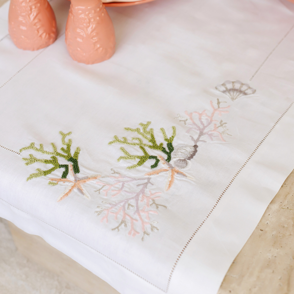 Coral Embroidered Linen Runner 50x160 cm Green