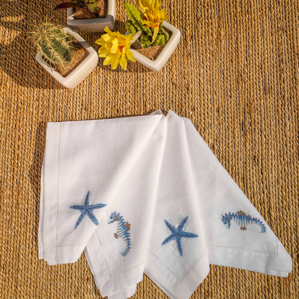Marine Embroidered Linen Napkin Set (4 Pack)