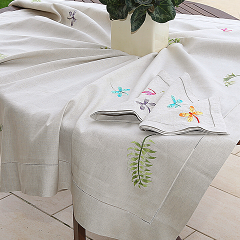 Liana Embroidered Natural Linen Table Cloth Set 160x160 cm