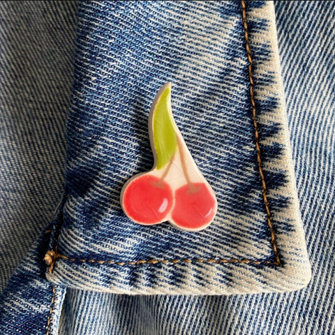Cherry Handmade Ceramic Brooch - Lapel Pin