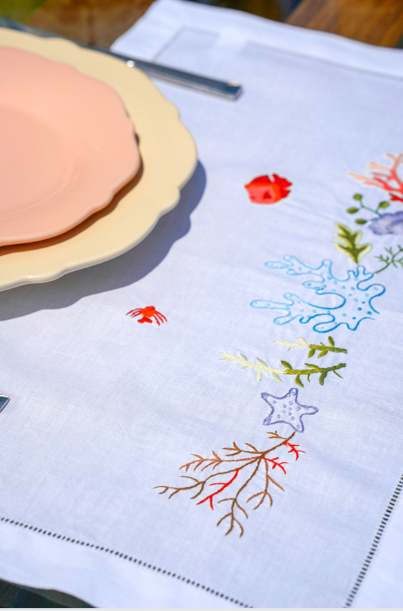 Coral Embroidered Linen Placemat Orange