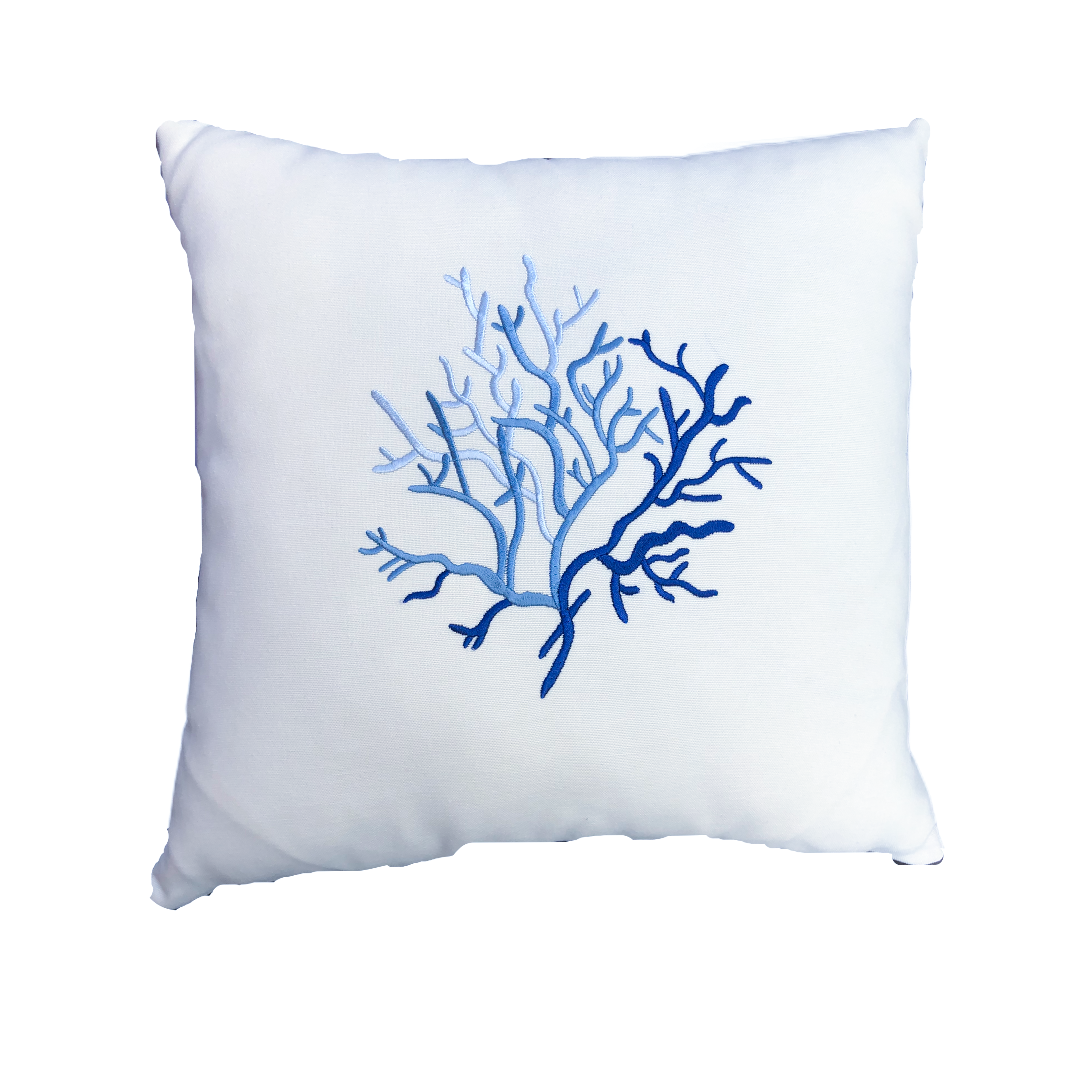Coral Embroidery Filled Pillow White - Blue 45x45 cm
