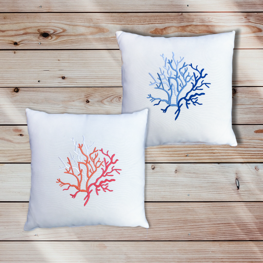 Coral Embroidery Filled Pillow White - Blue 45x45 cm