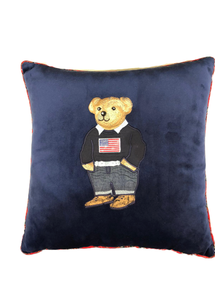 Teddy Bear Embroidered Velvet Throw Pillow Navy