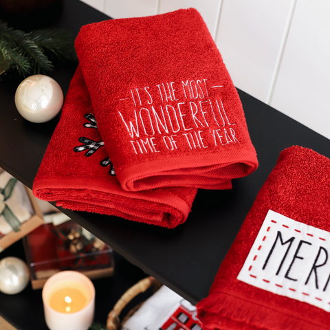 New Year Motto Embroidered Face Towel Red 50x80 cm