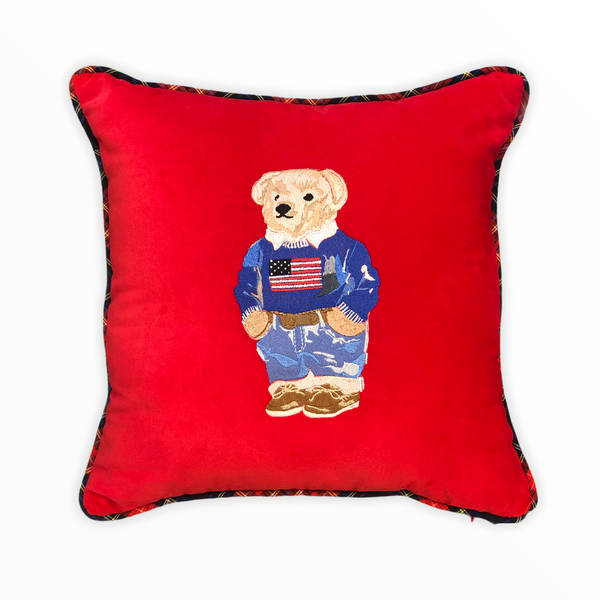 Teddy Bear Embroidered Throw Pillow Red