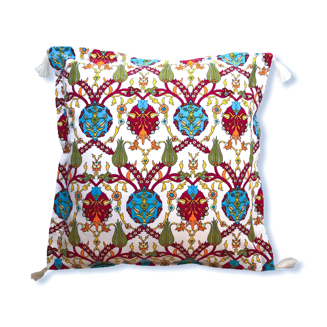 Tulip and Carnation Patterned Cushion Cover White