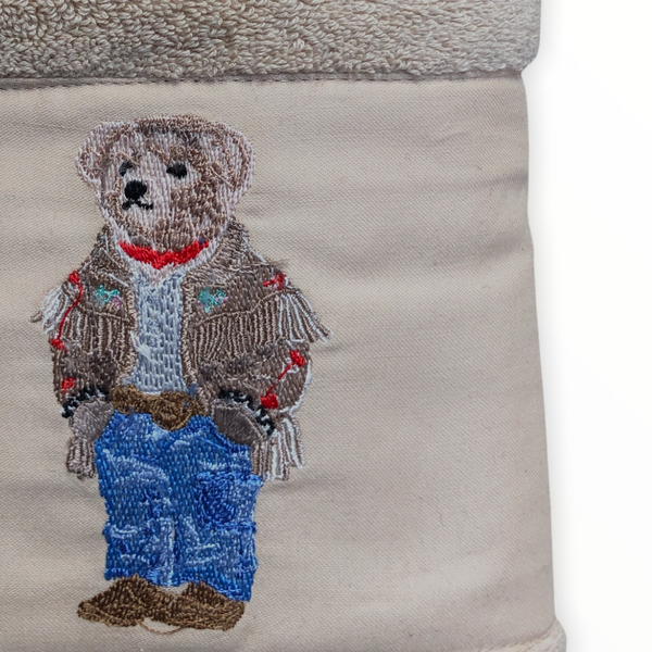 Hand Embroidery Teddy Bear Organic Cotton Towel Beige