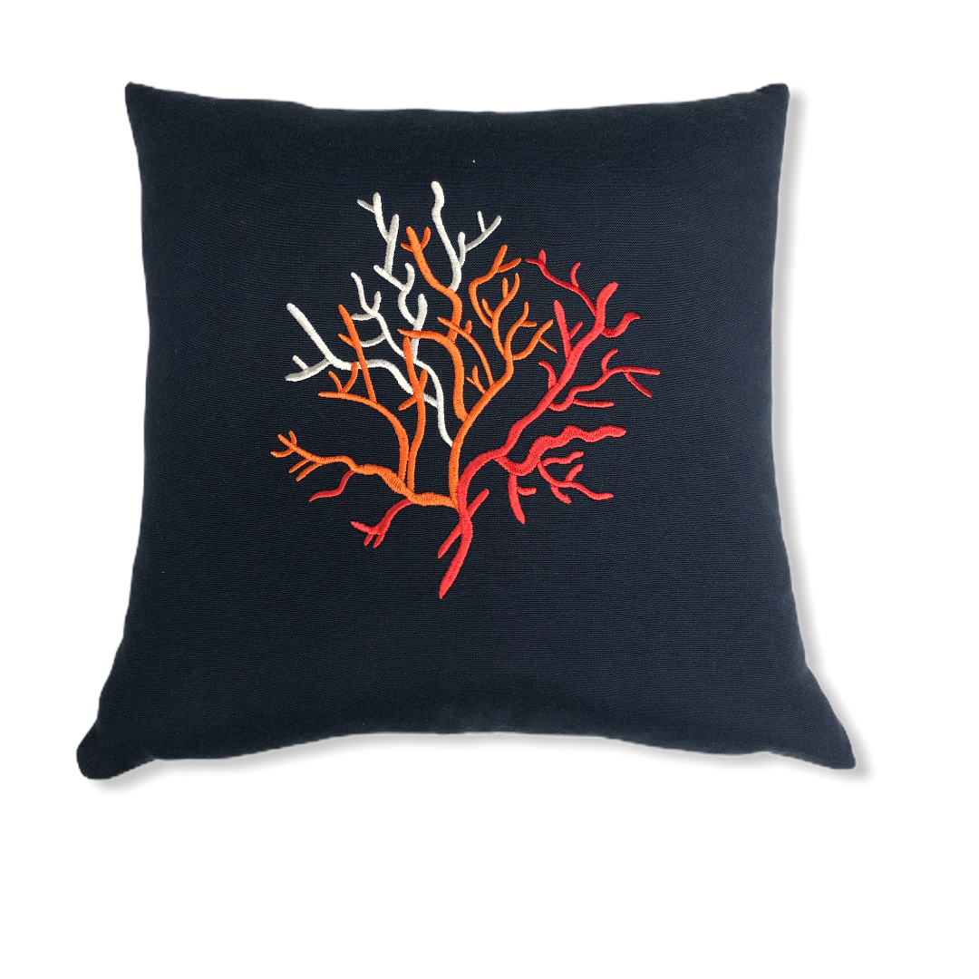 Coral Embroidery Filled Pillowcase Navy - Orange 45x45 cm