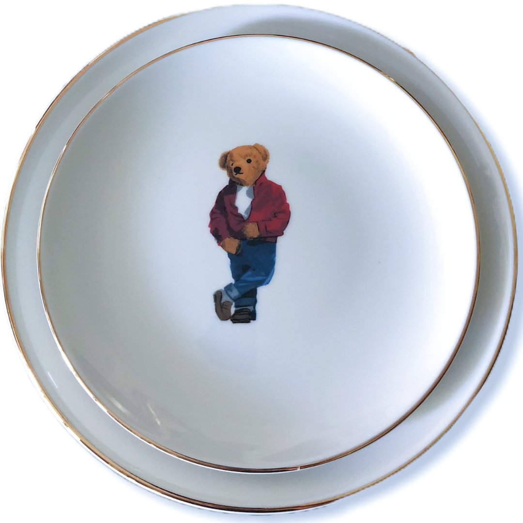 Set of 2 Teddy Bear Porcelain Plates with Red Jacket White