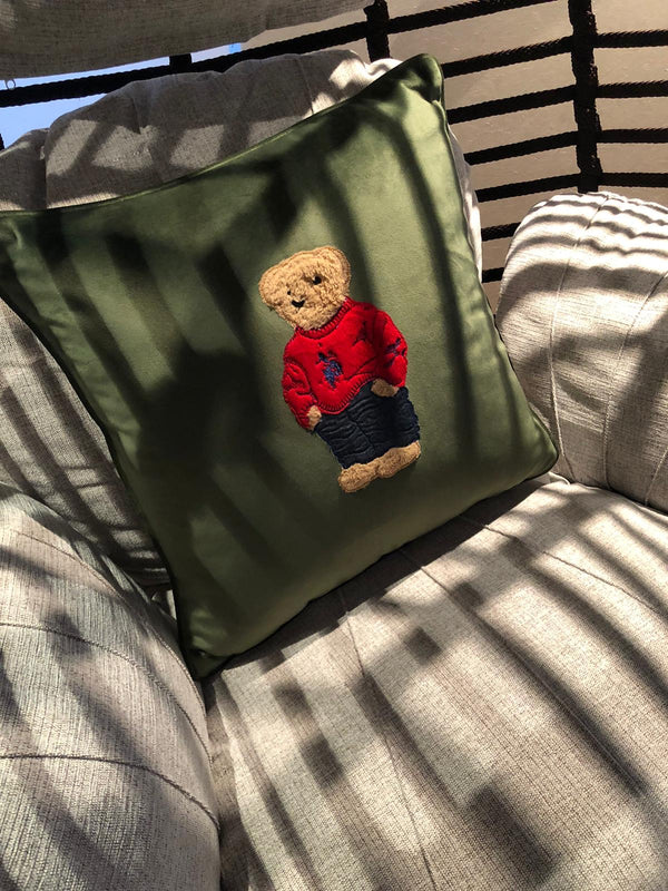 Teddy Bear Embroidered Velvet Cushion Green