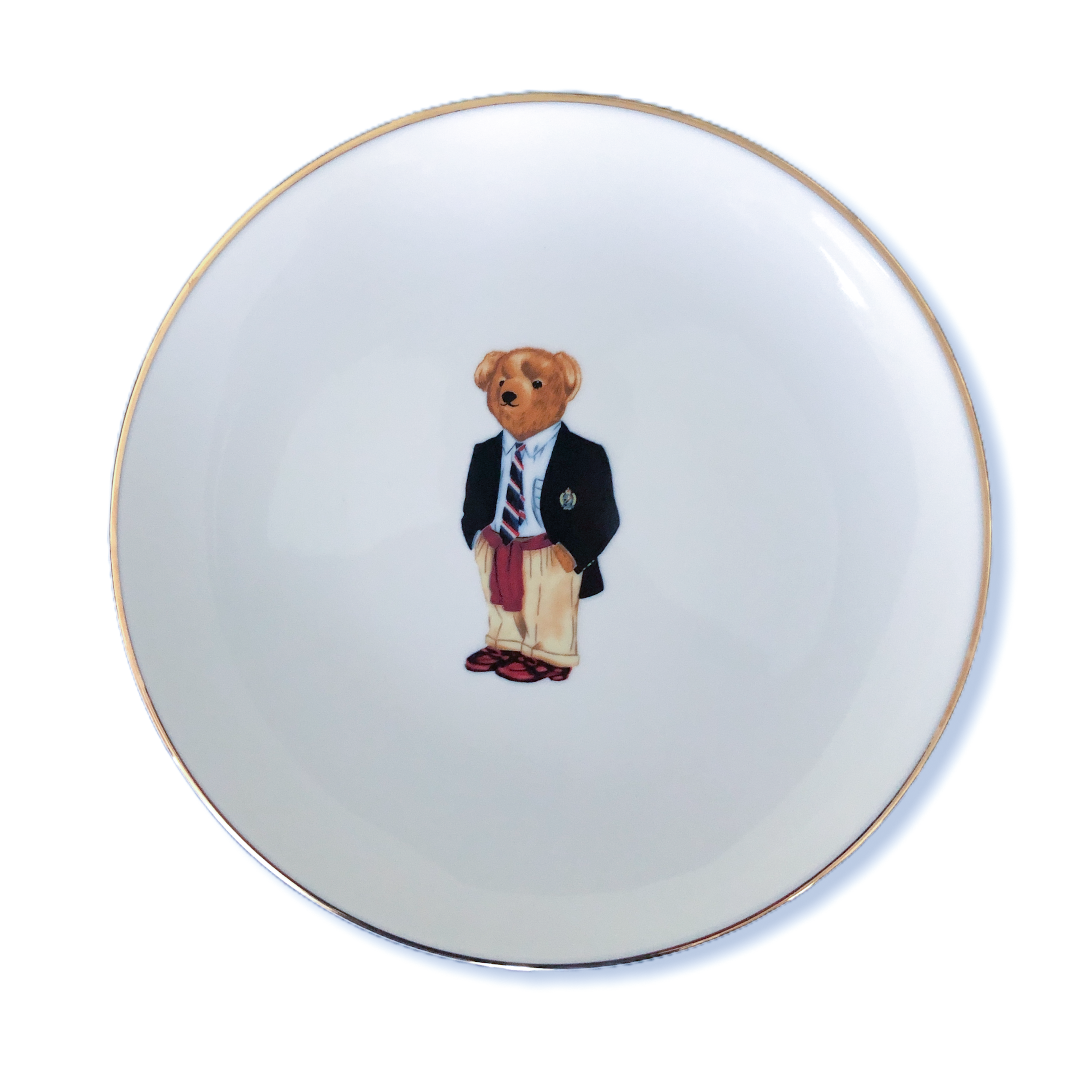 Teddy Bear in Black Suit 25 cm Porcelain Plate White