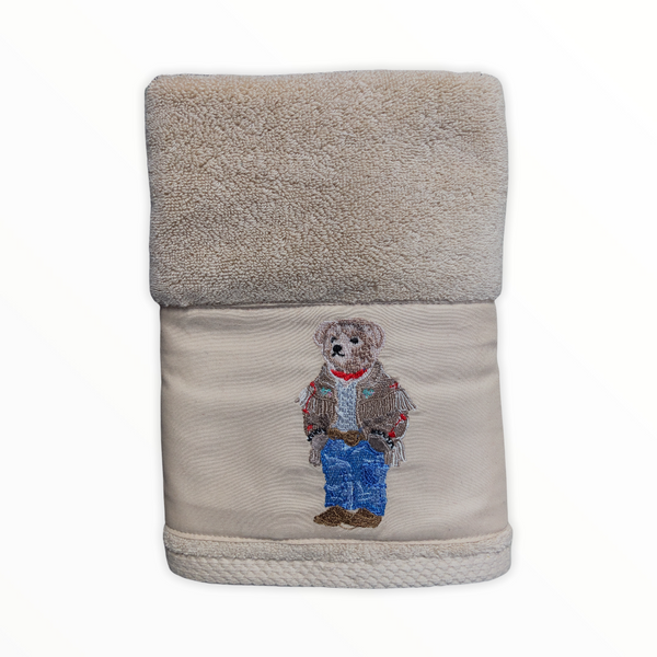 Hand Embroidery Teddy Bear Organic Cotton Towel Beige