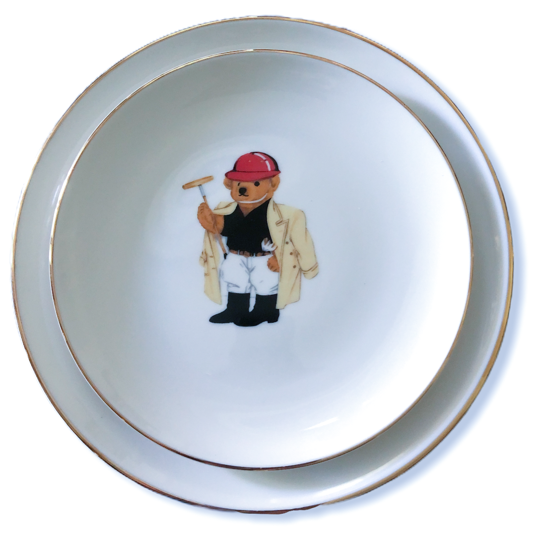 Teddy Bear Porcelain Plate Set with 2 Golf Players White