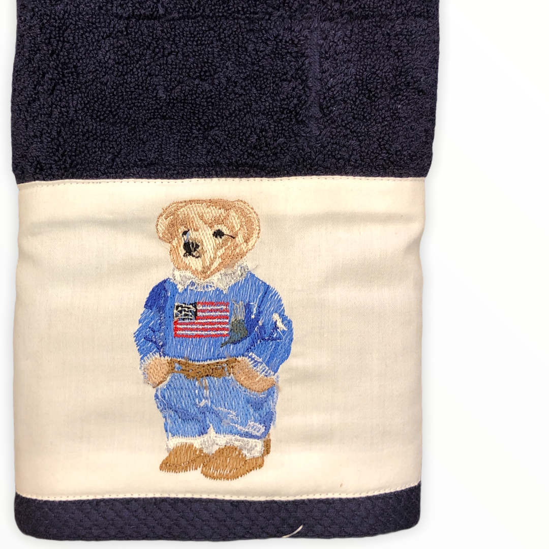 Hand Embroidery Teddy Bear Organic Cotton Towel Navy
