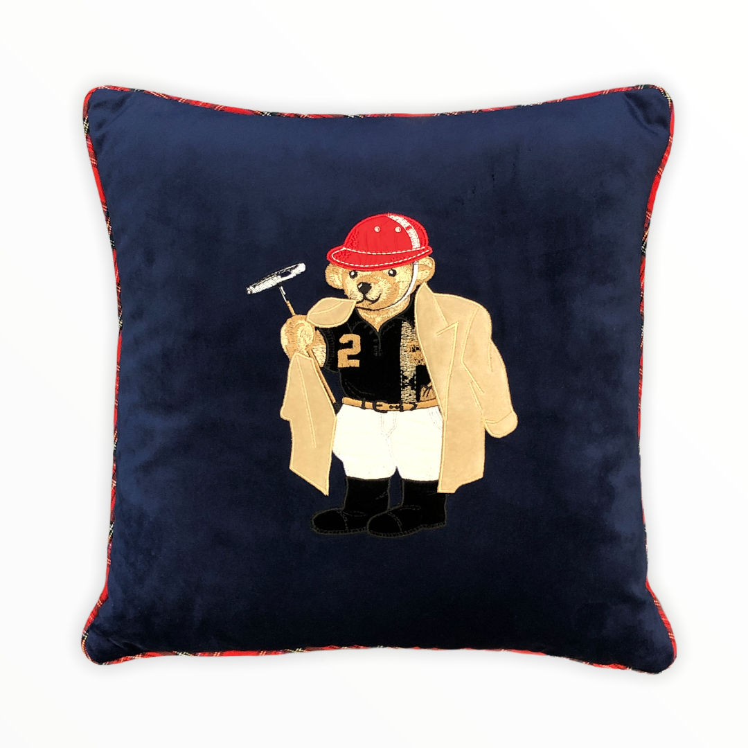 Teddy Bear Embroidered Velvet Throw Pillow Navy