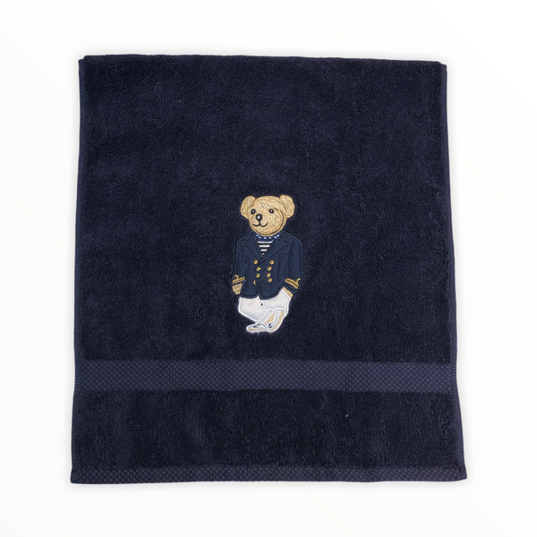 Hand Embroidery Teddy Bear Organic Cotton Towel Navy
