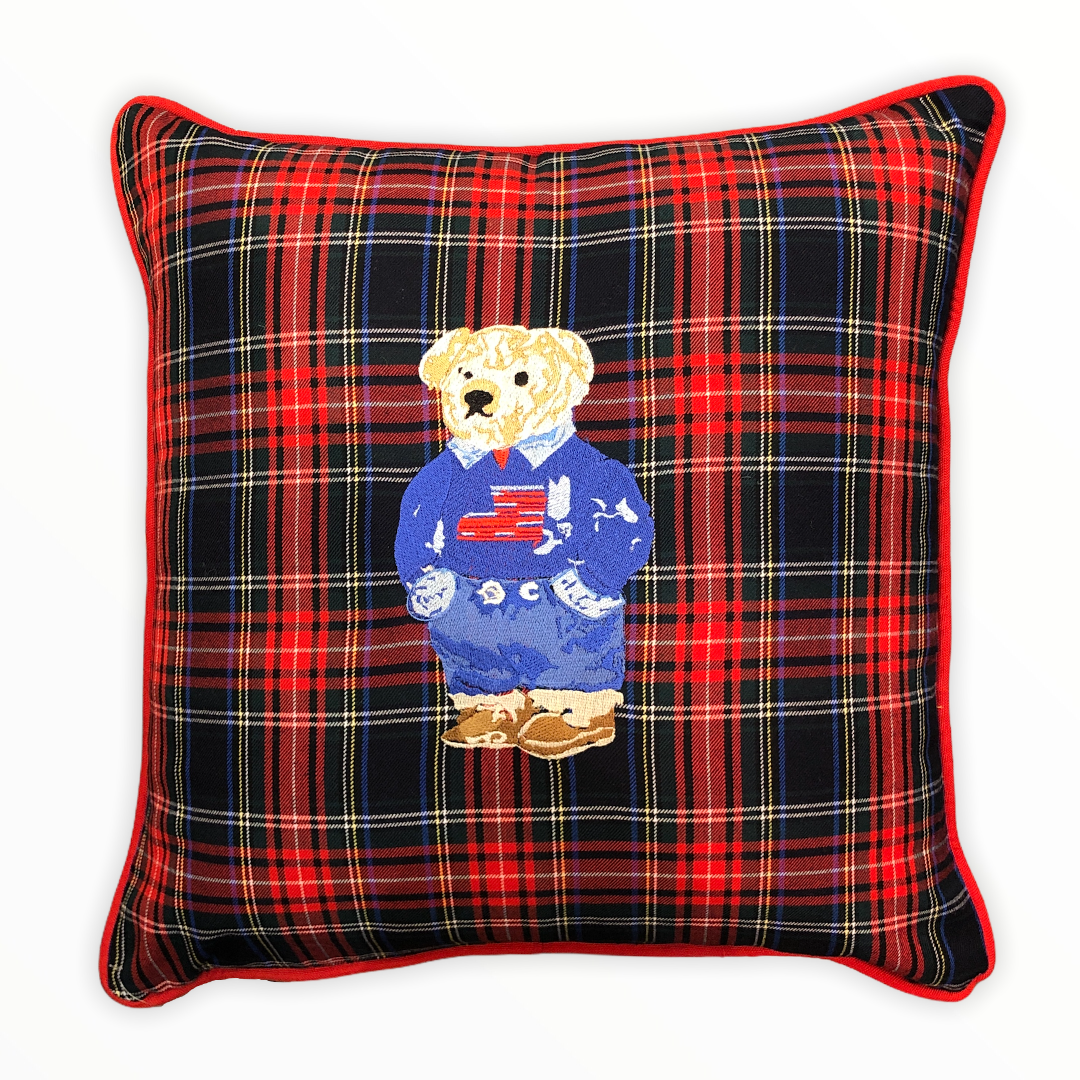 Scotch Teddy Bear Embroidered Throw Pillow