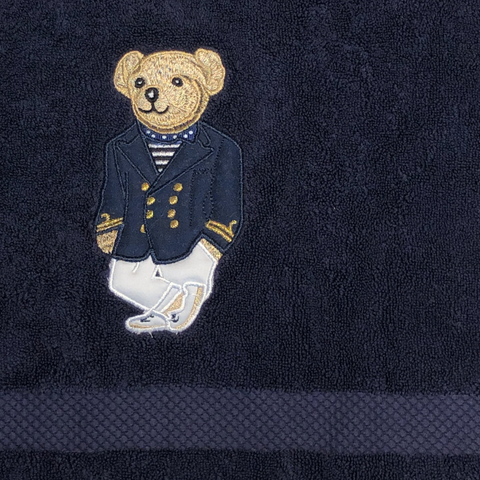 Hand Embroidery Teddy Bear Organic Cotton Towel Navy
