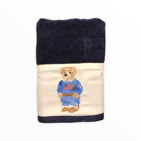 Hand Embroidery Teddy Bear Organic Cotton Towel Navy
