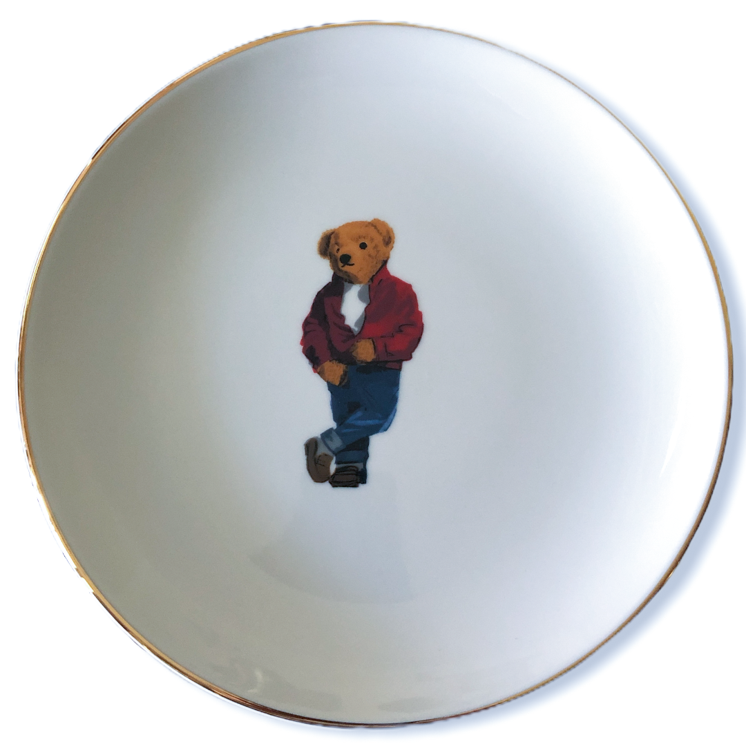 Teddy Bear in Red Jacket 25 cm Porcelain Plate White