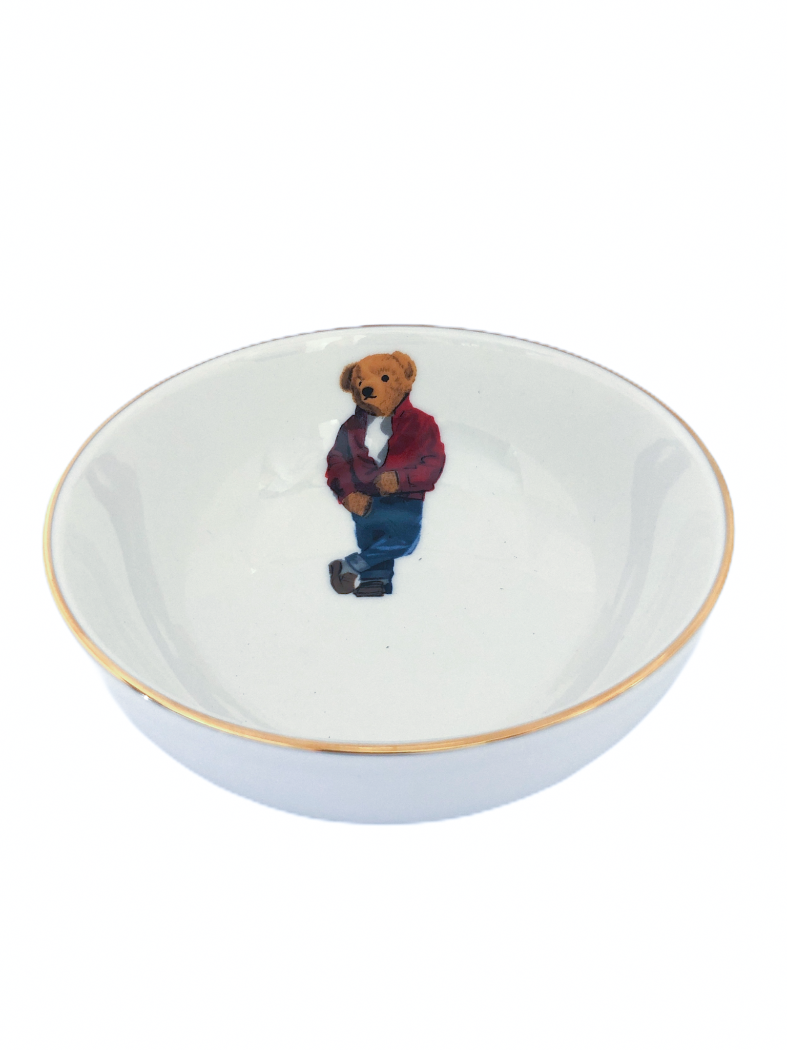 Teddy Bear in Red Jacket Porcelain Bowl White