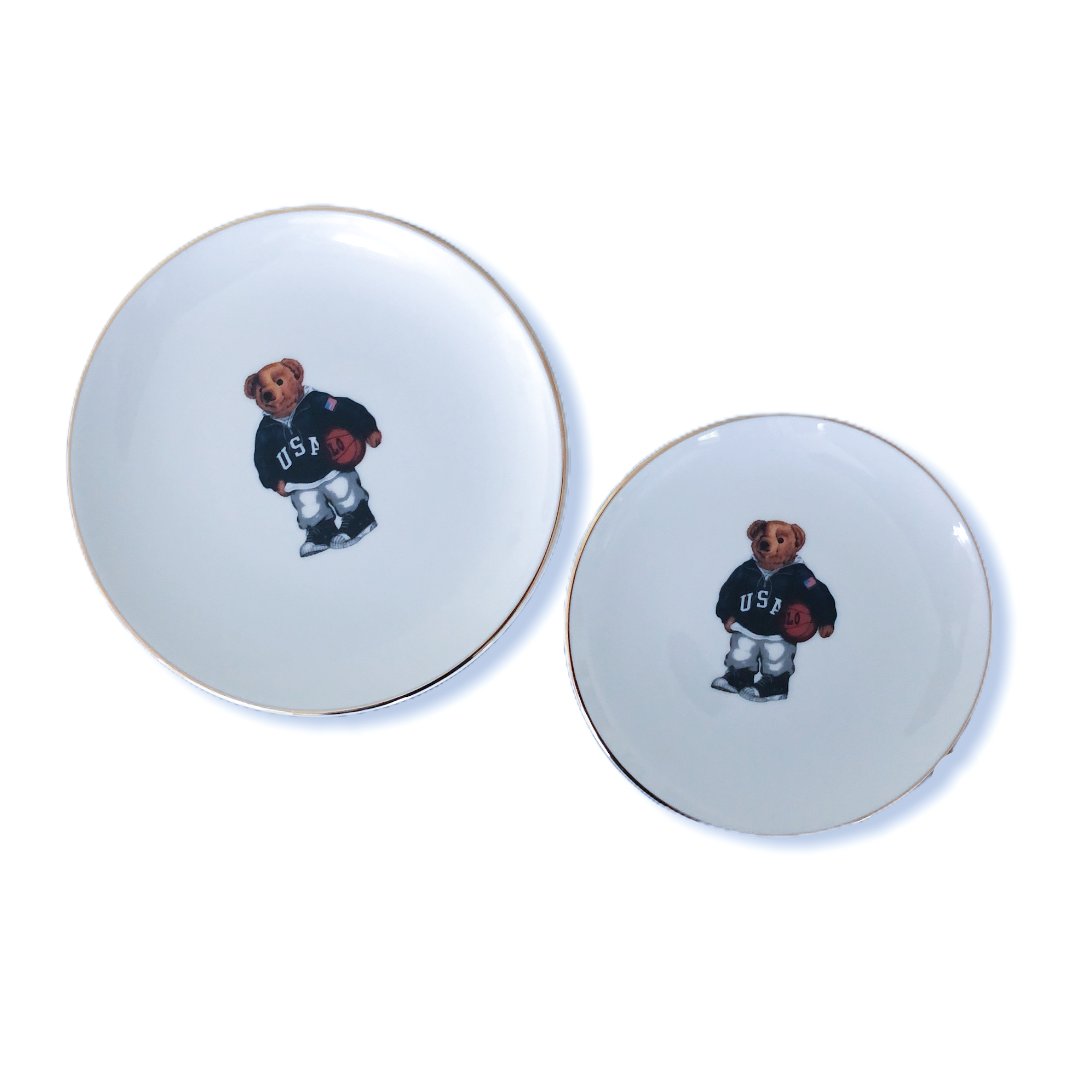 Set of 2 Basketball Player Teddy Bear Porcelain Plates White