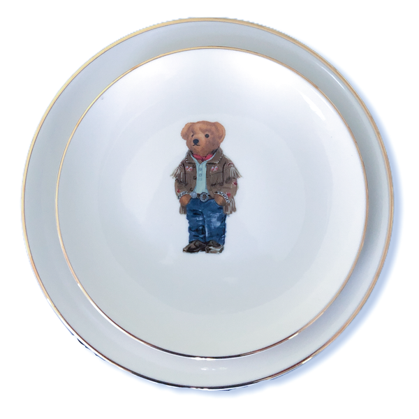 2 Piece Tasseled Teddy Bear Porcelain Plate Set White