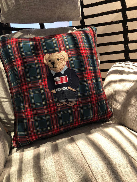 Scotch Teddy Bear Embroidered Throw Pillow