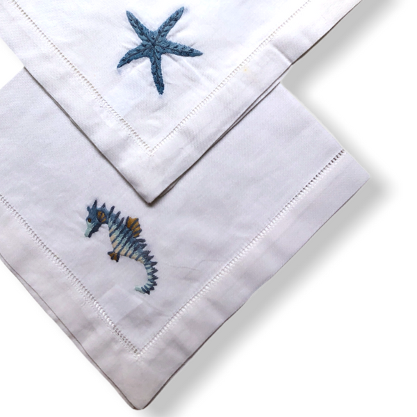 Marine Embroidered Linen Napkin Set (4 Pack)