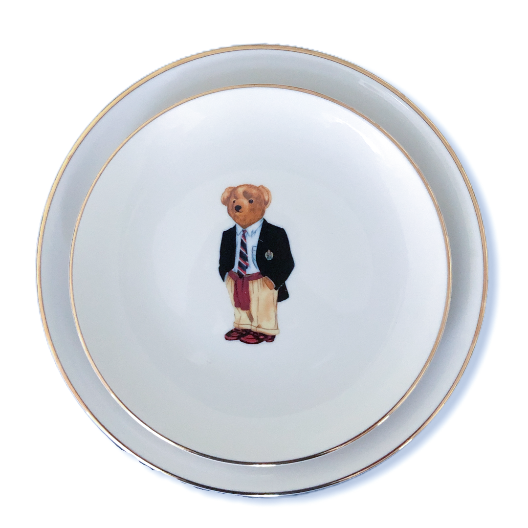 2 Piece Black Suit Teddy Bear Porcelain Plate Set White