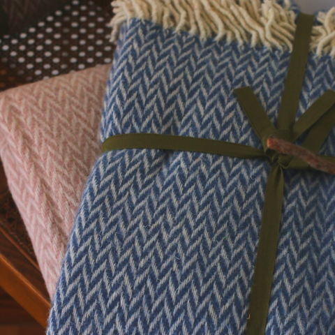 Woolmark Herringbone Single Pure Wool Blanket Navy Blue