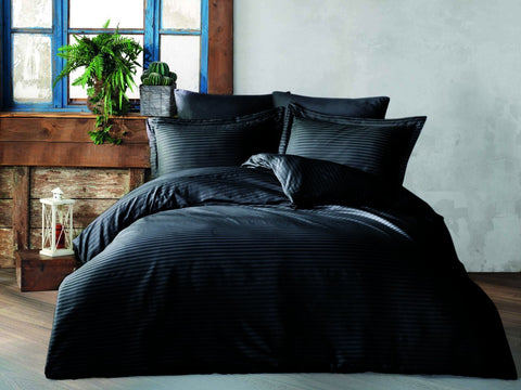Como Deluxe Cotton Satin Striped Oversized Double Duvet Cover Set Black